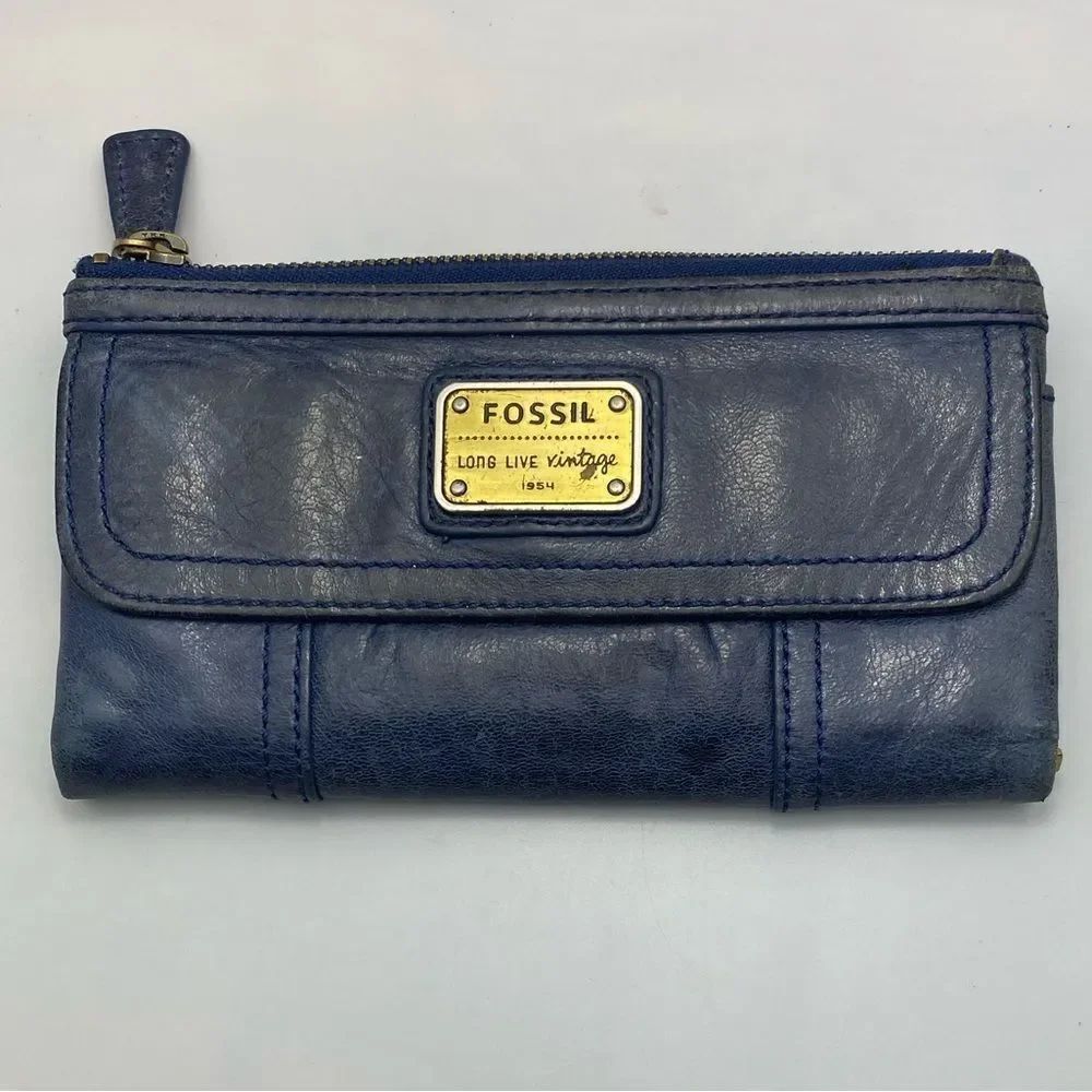Fossil Blue Leather Wallet Long Live Vintage Clutch Organizer ID Card Holder